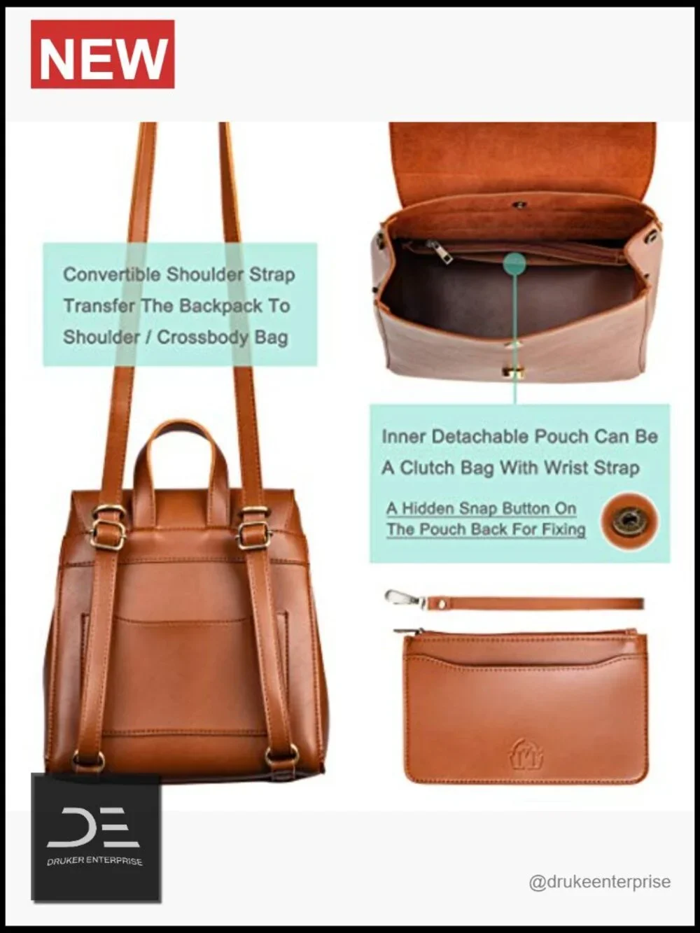 Vegan Leather Flap Convertible Backpack Daypack